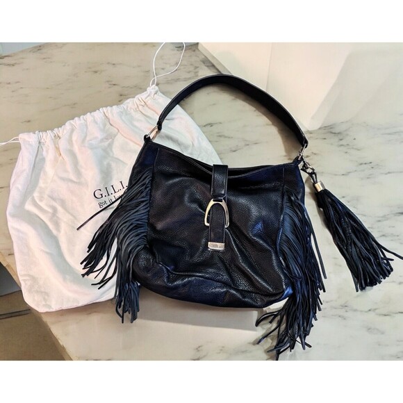 G.I.L.I A271123 Black Leather Stirrup With Fringe Hobo Women Tote Bag - Picture 1 of 16